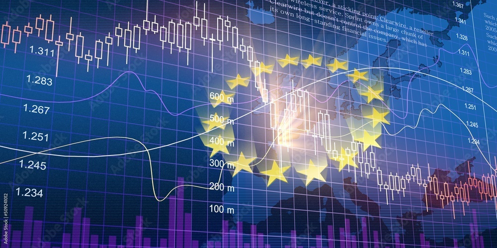 Obraz premium Growth chart against the background of the EU flag. Profit growth, infographics. Concept of trading and financial markets