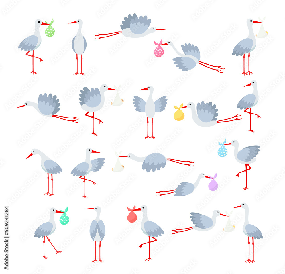 Obraz premium Set of stork birds carrying newborn babies. Cartoon bird hold infant kid wrapped in diaper napkin