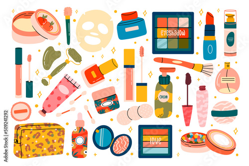 Beauty cosmetics doodle. Skin care natural organic products. Face and body care elements