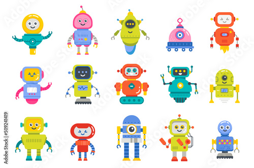 Set of happy funny cartoon childish robots wave hand, say hello. Cute kid cyborgs, futuristic bots