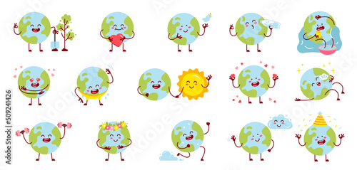 Set of cartoon earth planet mascot with different emotions, with sun, holding love heart, relaxed