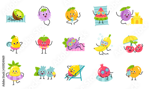 Set of fruits chaarcters on summer vacation. Colorful cartoon mascots fruits relaxing on beach