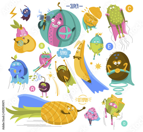 Superhero fruits set. Super hero cartoon pineapple, berry and watermelon in cloak costume