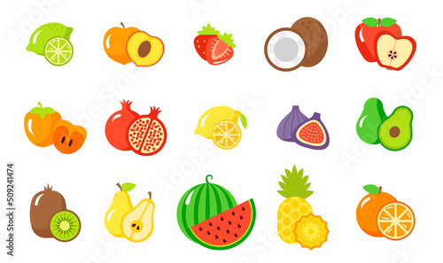 Set of juicy fruits whole and slice apple, orange, lemon, peach, pear, kiwi. Whole and halved fruits