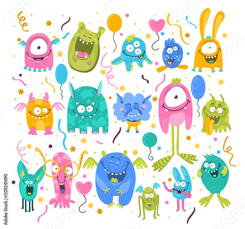 Children monster colorful icon set. Cute cartoon funny monster characters with eyes, tongue, tooth
