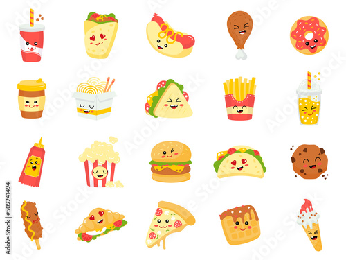 Funny fastfood cartoons set. Smiling fast food characters. Happy burgers  pizza  noodles  cookie