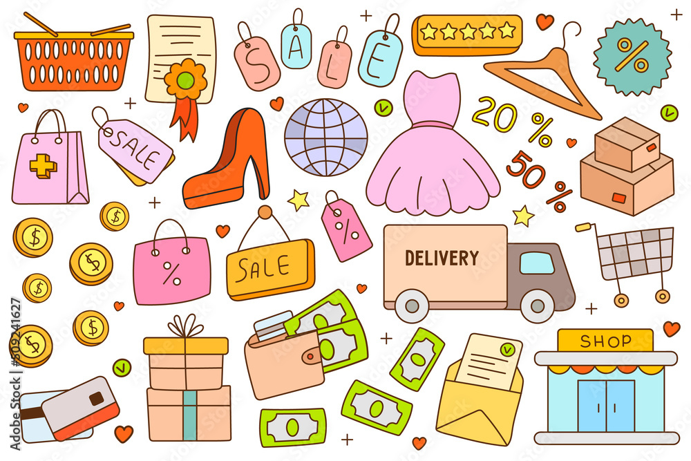 Shopping and e-commerce doodle icons set. Cartoon online commerce, sale, money and delivery symbols