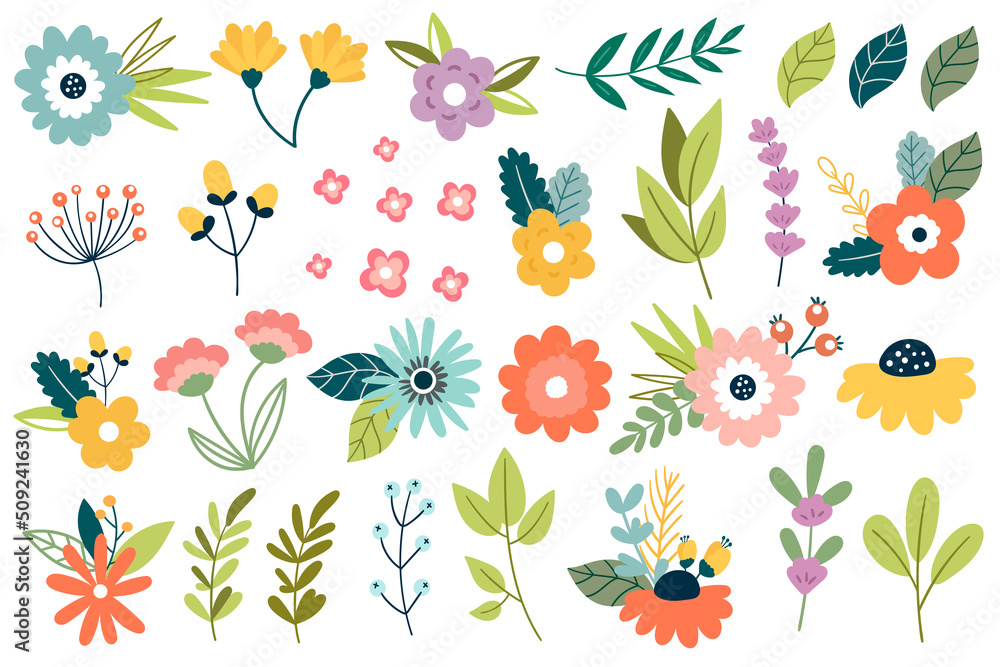 Spring flower collection with leaves, floral bouquets. Simple botanical elements in folk style