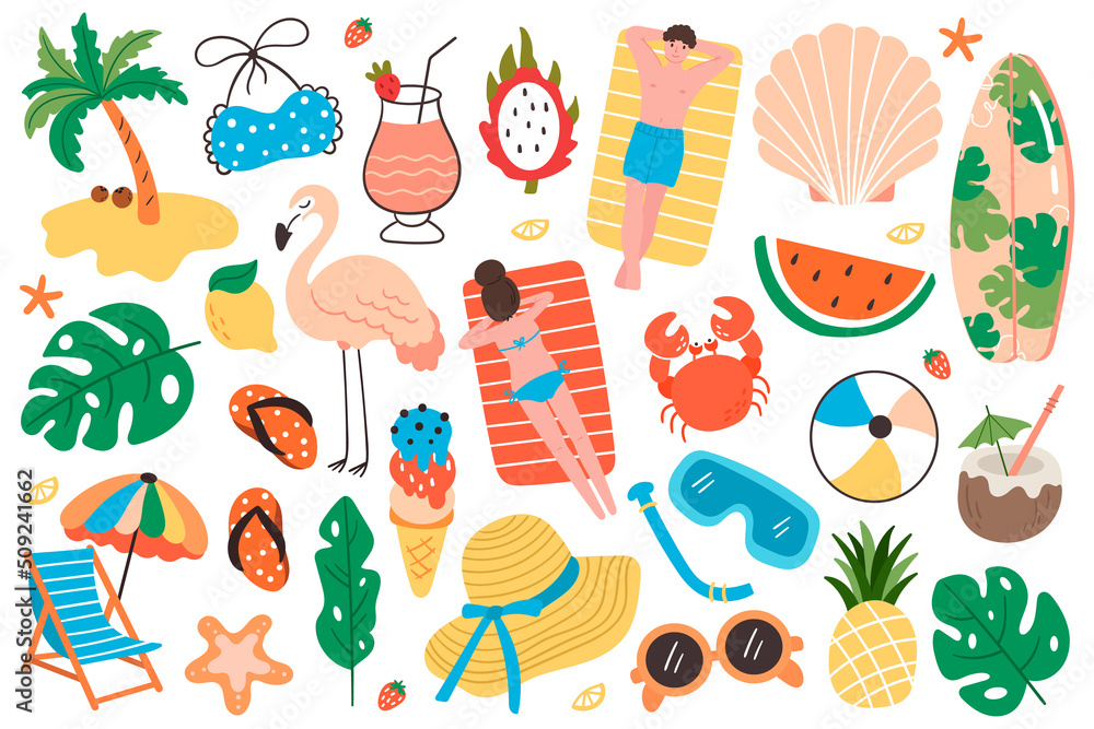 Hello summer stickers set. Cartoon icons elements for summer vacation, holiday at tropical resort