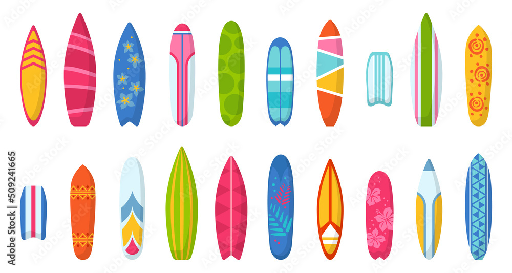 Different surfboard set. Colorful surf desk design. Surfing desks and boards with bright pattern Different surfboard set. Colorful surf desk design. Surfing desks and boards with bright pattern