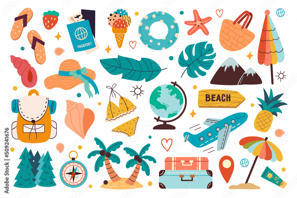 Naklejka premium Set of icons for summer travel concept. Elements for sea vacation, seaside relax, camp and tourism