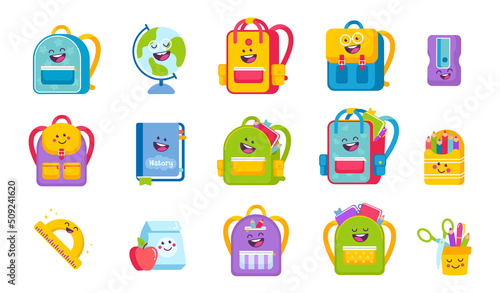 Cartoon school supplies kawaii set. Back to school concept of icons collection with preschool tools