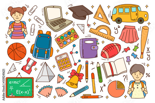 School and education cute stickers set. Textbooks, stationery supply, science, study lessons