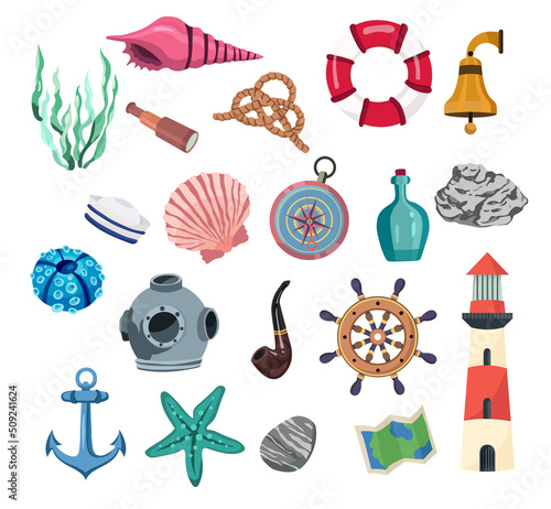 Nautical sea elements set. Cartoon lighthouse, seashell, starfish, rope, anchor, wheel, life buoy