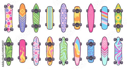 Skateboards and longboards set. Skate bottom print colorful design pattern. Urban street sport board