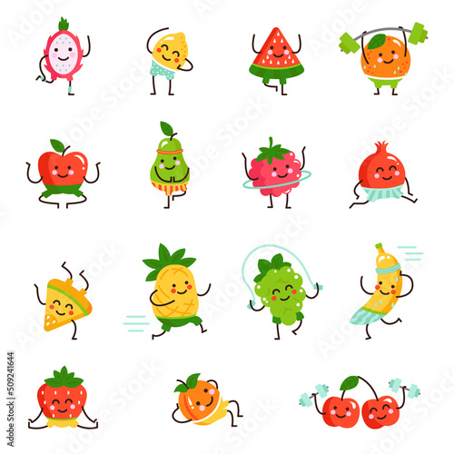 Funny fruit characters doing yoga, sport and fitness. Set of kawaii pear, apple at workout training