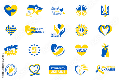 Stand with Ukraine stickers set. Badges in blue and yellow with no war, support UA and save Ukraine