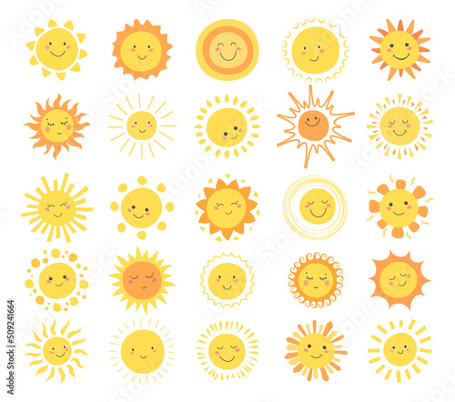 Cartoon kawaii sun set. Cute shining sun emoji elements icons. Childish emoticon with smiling faces