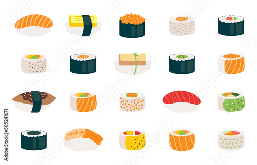 Cartoon sushi and rolls set. Traditional japanese food icon. Japan delicious cuisine with fresh fish