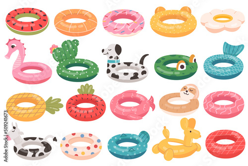 Cartoon swimming ring. Funny animals floating rings for kids. Summer swimming pool toys set