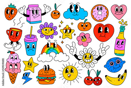 Vintage cartoon characters with funny faces. Retro emoticons. Comic doodle. Cute kawaii mascots