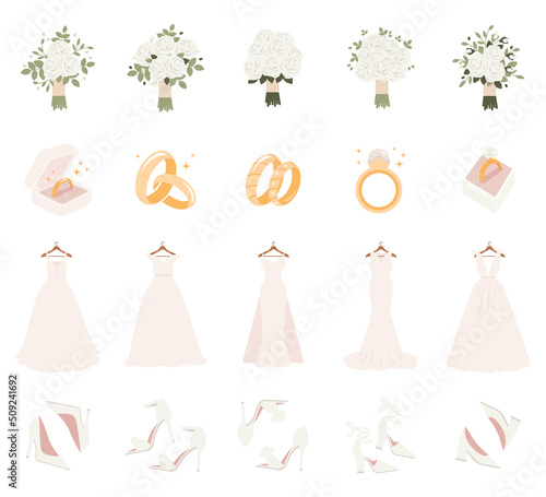 Wedding accessories and clothes for bride. White dress, shoes, rings and flower bouquet
