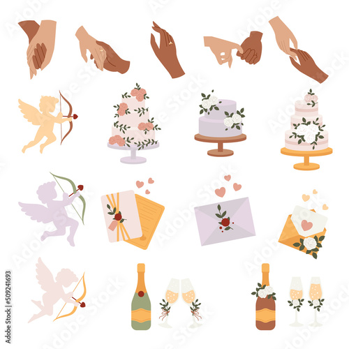 Set of wedding accessories and decoration. Angel, cake, champagne glasses, hand with engagement ring