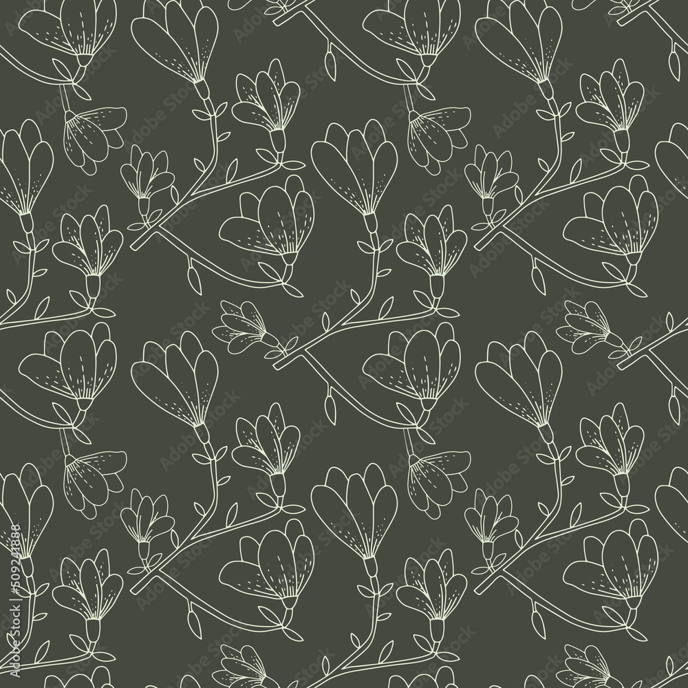 Botanical seamless pattern. Magnolia flowers on branches with leaves. Hand drawn line art print . Vector