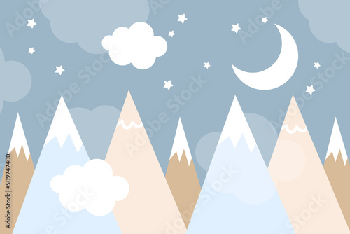 Vector hand drawn modern mountain landscape with stars, clouds and moon. Cute children's 3d wallpaper in scandinavian style. Children's room design.