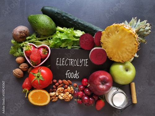 Fototapeta Naklejka Na Ścianę i Meble -  Healthy food high in electrolytes. Fresh fruit and vegetable as natural  sources of electrolytes. Foods to naturally replenish electrolytes. Celery, pineapple, milk, yogurt, apple, nuts, avocado...