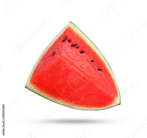 Sliced watermelon falling in the air isolated on white background.