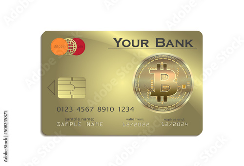 Payment card with Bitcoin,  crypto currency credit gold card vector