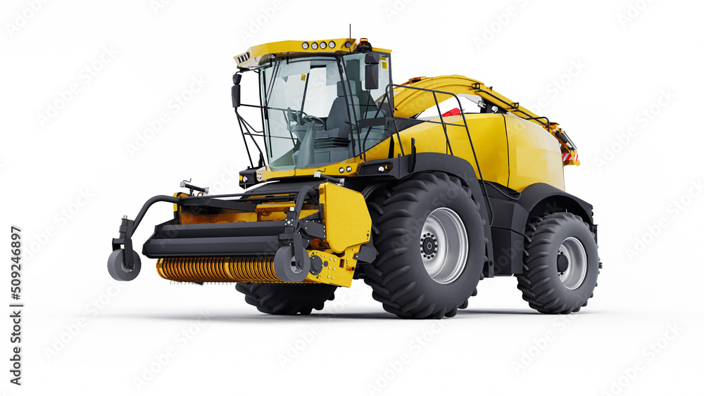 Yellow modern harvester on a white background. 3d illustration.