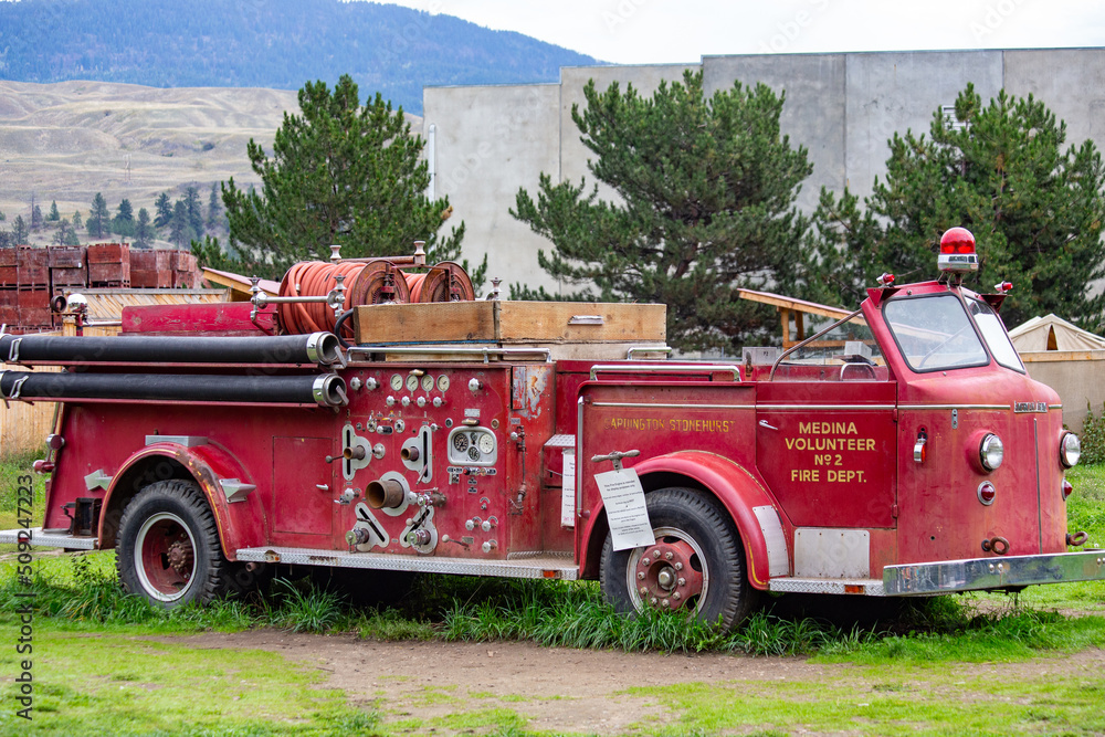 Vintage red fire truck on the farm in Canada