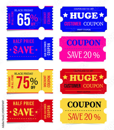 Coupons for discounts on sale in the store. Blue, pink, red, yellow color. Used in web design, illustrations, banners, posters.