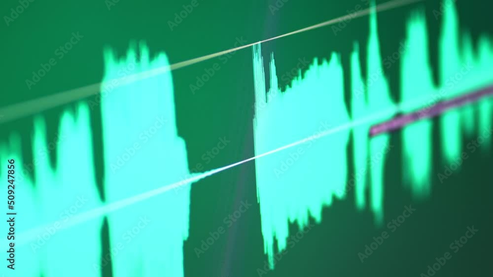 Audio specturm green color. Recording studio. Computer screen. 4K