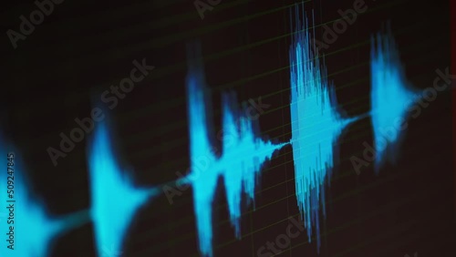 Audio specturm blue color. Recording studio. Computer screen. 4K photo
