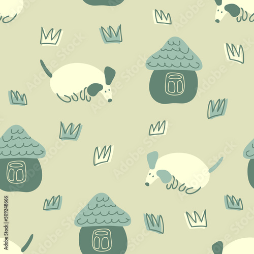 Childish seamless pattern with walking puppies and houses. Perfect for T-shirt, fabric, textile and print. Hand drawn babyish vector illustration for decor and design.