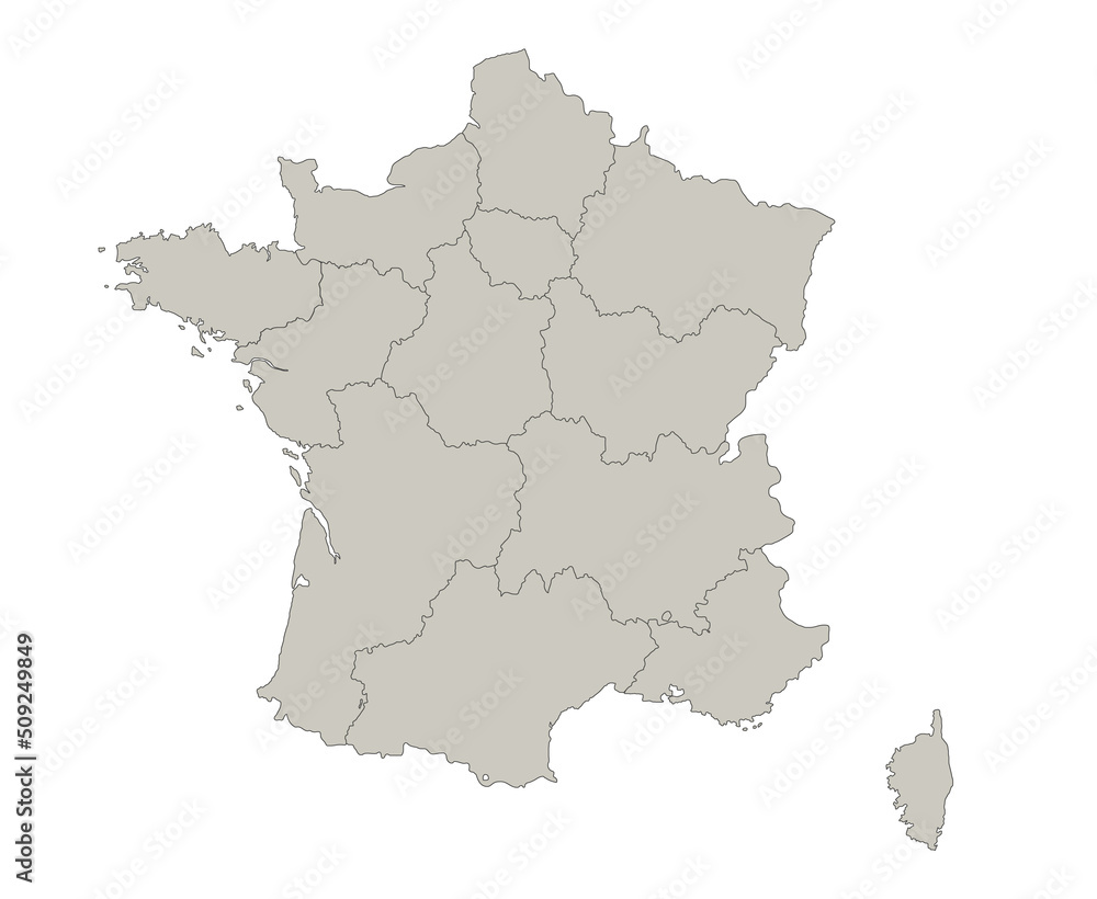 France map, individual regions, blank