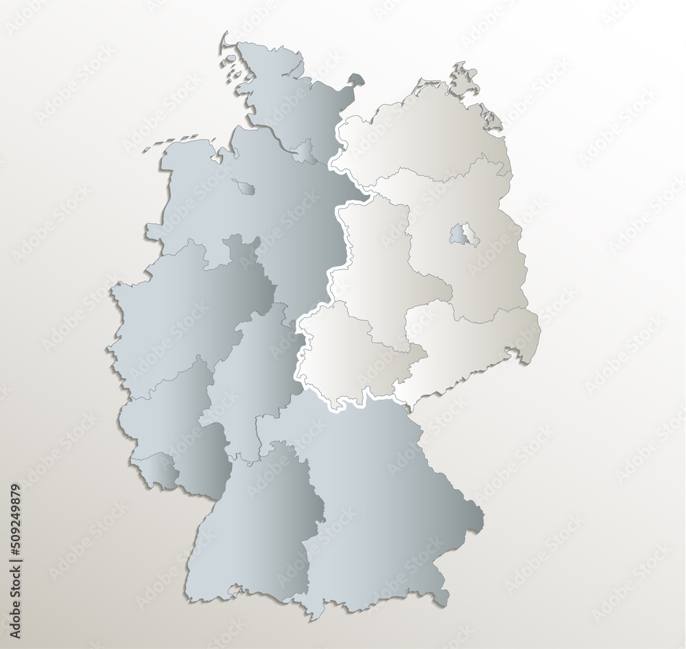 Germany map divided on West and East map, administrative division, white blue card paper 3D, blank