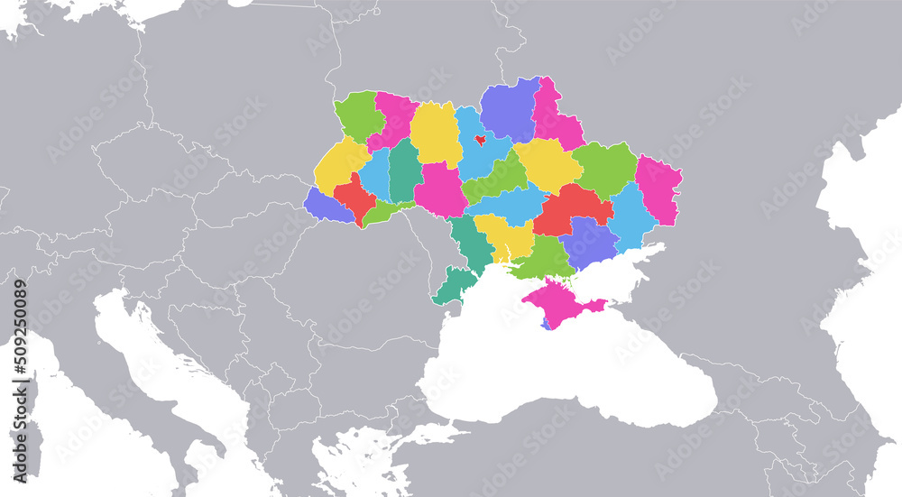 Ukraine map with individual regions colored and capital city, with individual neighboring states, blank