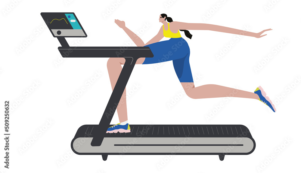 Person running on treadmill. Young woman during cardio workout on gym equipment. Training in sportswear. Flat vector illustration isolated on white background Person running on treadmill. Young woman during cardio workout on gym equipment. Training in sportswear. Flat vector illustration isolated on white background