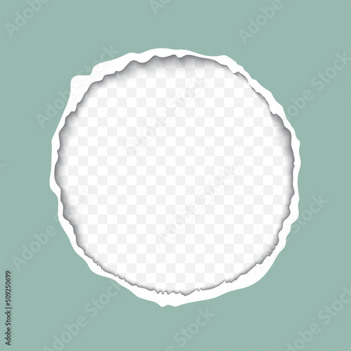 Round hole composition in green paper with torn edges and soft shadow on squared transparent background realistic vector illustration