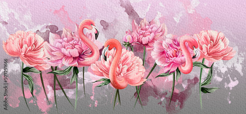 Fototapeta namalowane kwiaty i flamingi na akwarelowym tle