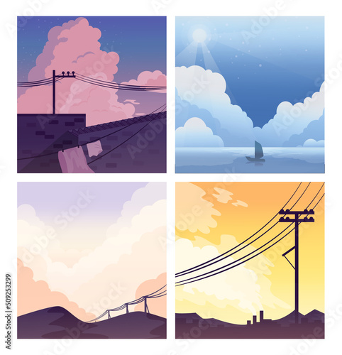 Mesmerizing landscape in anime style. Beautiful countryside sunset