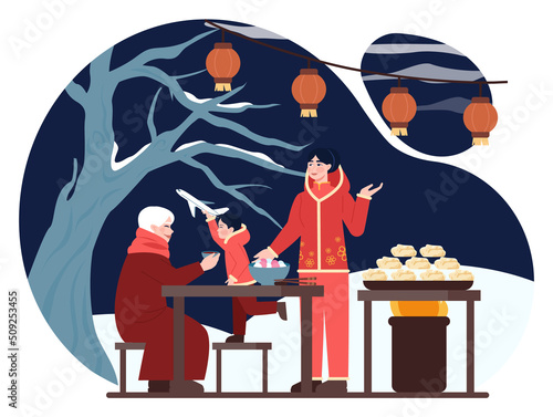 Traditional chinese holiday. Characters celebrate national asian festivity