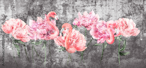 Fototapeta samoprzylepna namalowane flamingi i kwiaty w połączeniu z betonowym tłem