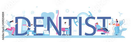 Dentist concept typographic header. Dental doctor in uniform