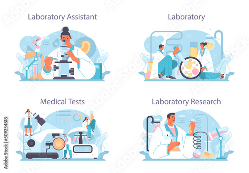 Laboratory assistant set. Pharmaceutical research, scientist making clinical