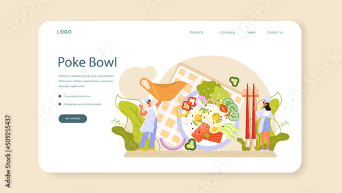 Poke bowl web banner or landing page. Fresh healthy food with salmon